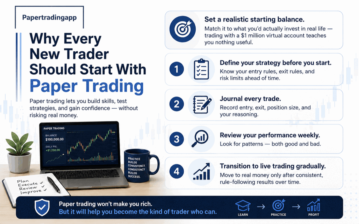 Infographic: why every new trader should start with paper trading, with five steps to do it right