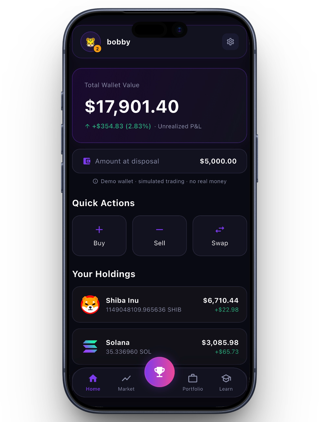 Staxo app home screen showing wallet, quick actions, and holdings