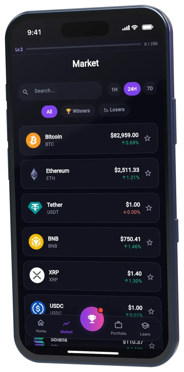 The Market screen in the Staxo app, listing the top coins with their prices