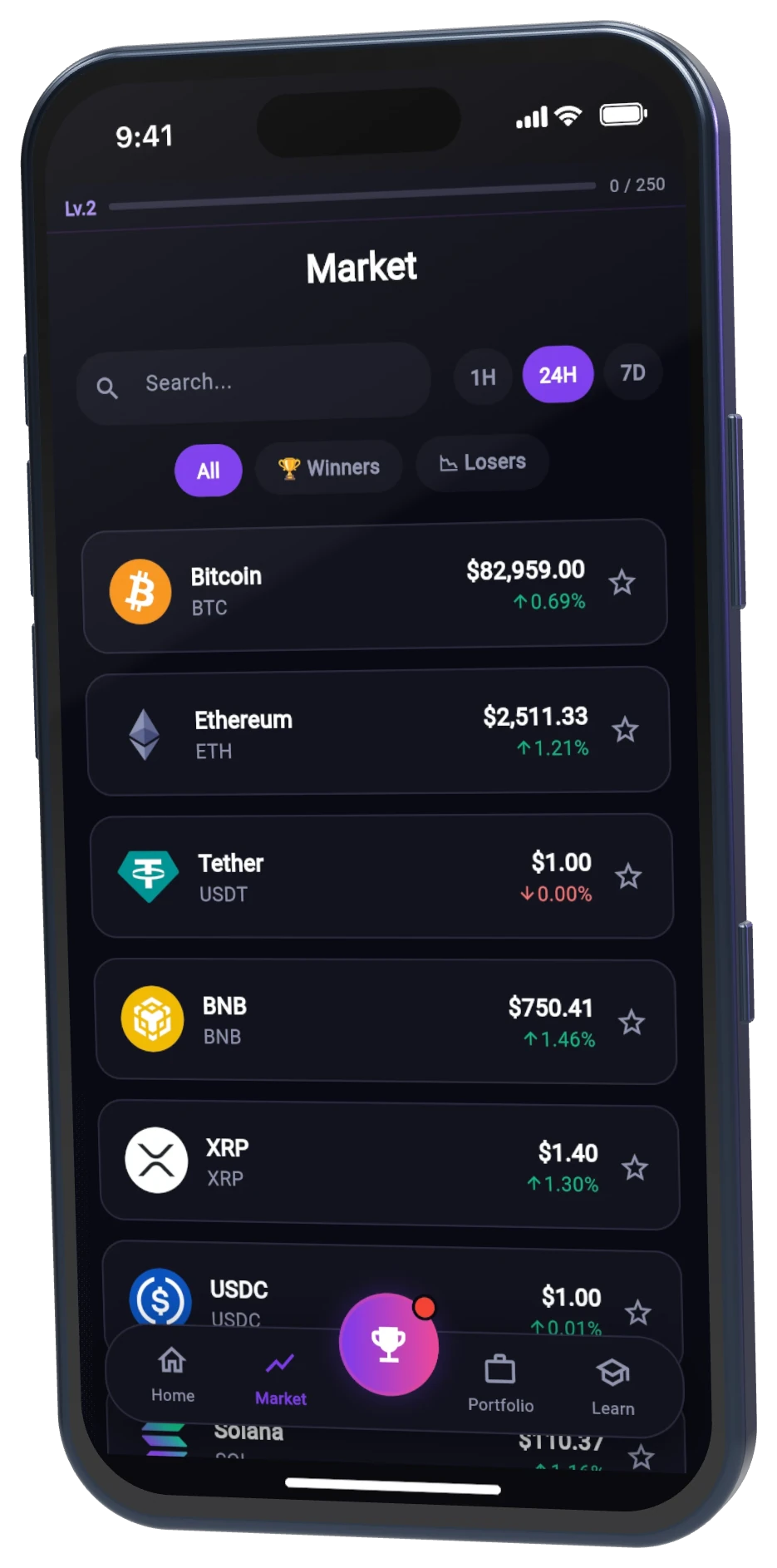 Market screen with the top coins and their prices
