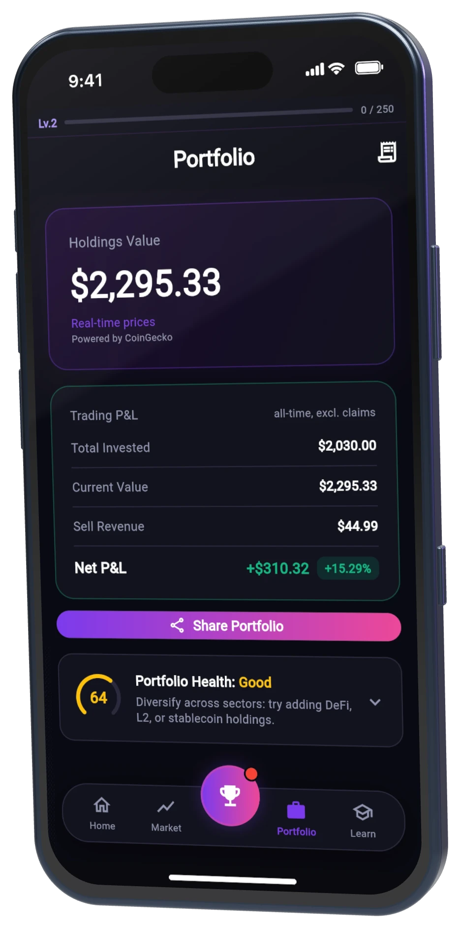 Portfolio with holdings and P&L