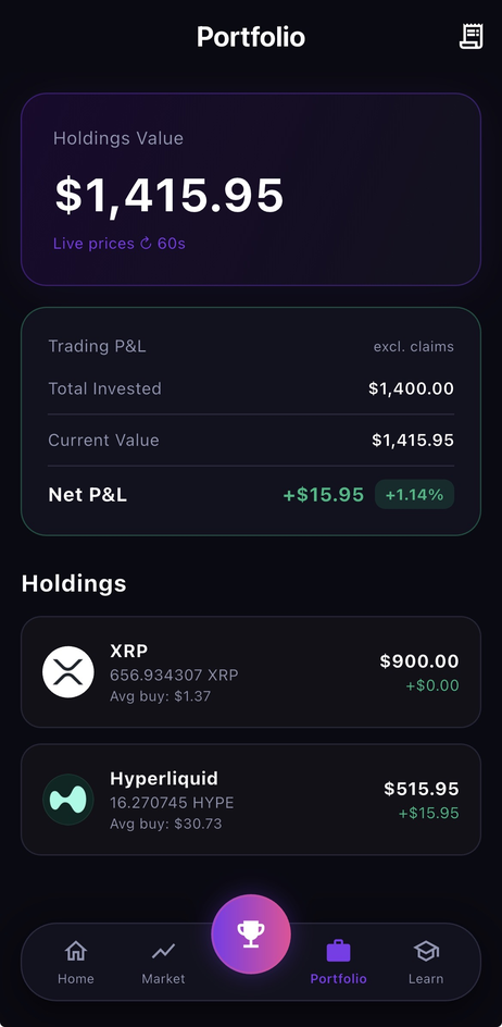 Portfolio screen showing holdings and P&L