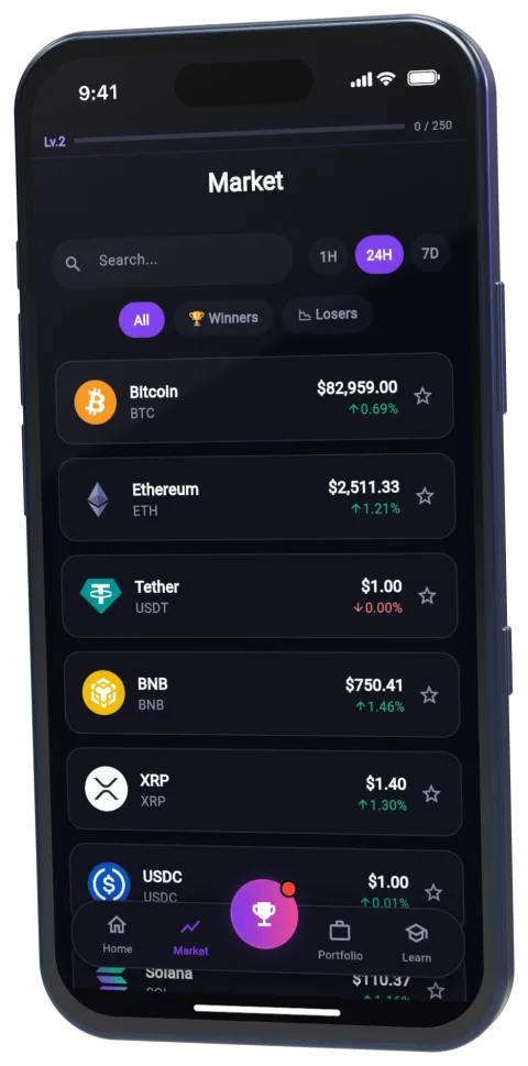 Staxo Market screen listing Bitcoin, Ethereum, Tether, BNB, XRP and USDC with live prices and 24-hour change